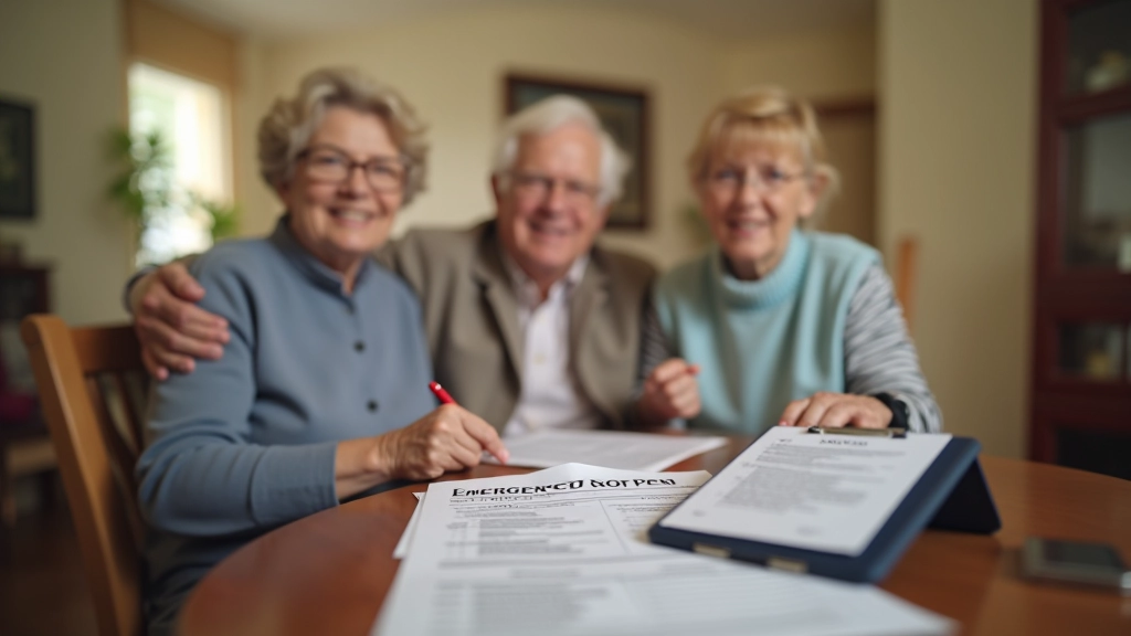 Family meeting with emergency contact information written on paper, first aid kit visible, phone nearby for quick access
